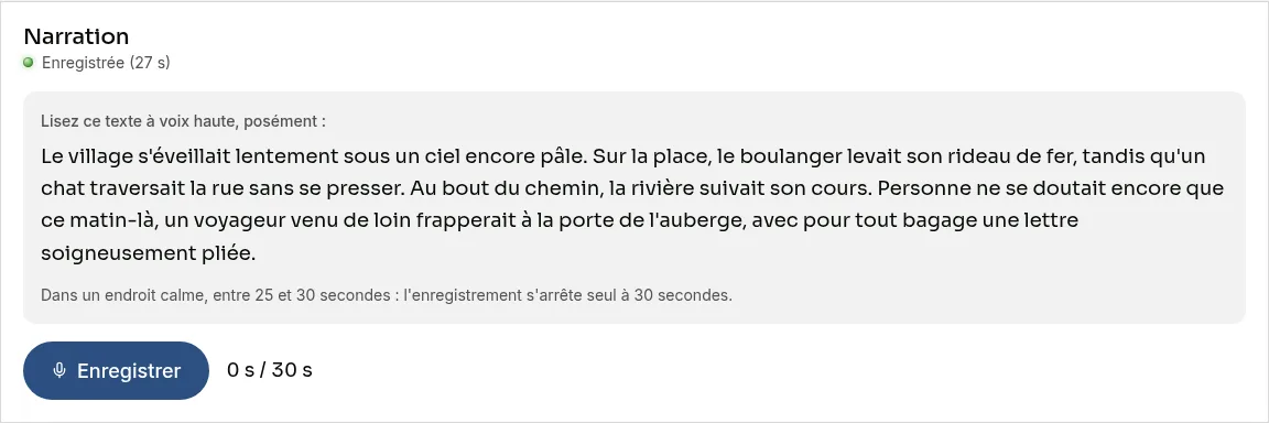 La console d'enregistrement de la narration : le texte à lire, le bouton Enregistrer et le compteur jusqu'à 30 secondes.