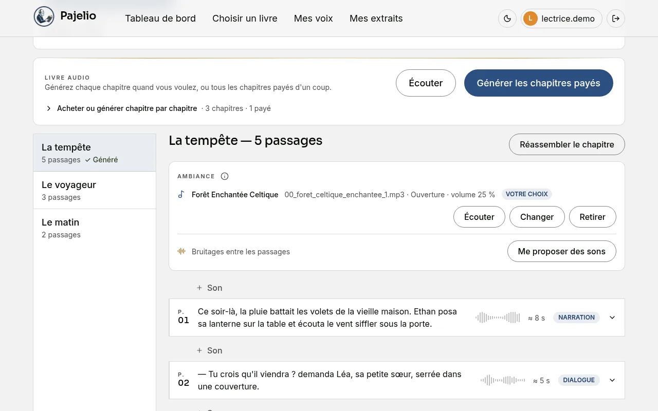 Le Studio : à gauche la liste des chapitres, à droite le chapitre choisi avec son bouton de génération, l'encadré Ambiance et les premiers passages.